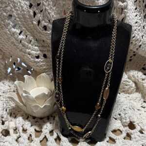 Long Multi-Strand Brown and Gold Bead Necklace